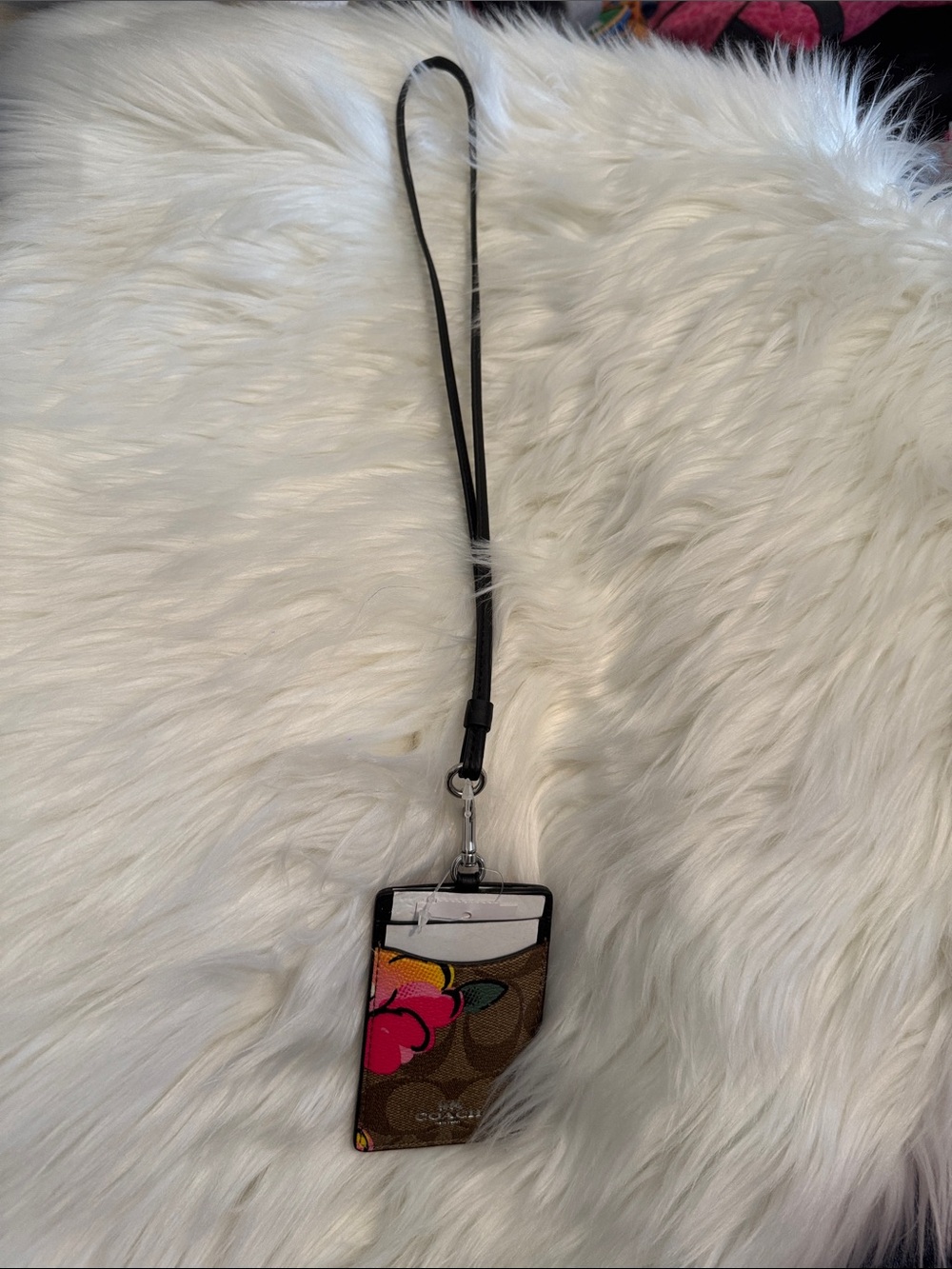 Coach Brown Signature Floral Lanyard Badge ID Case with Pink Accents NWT